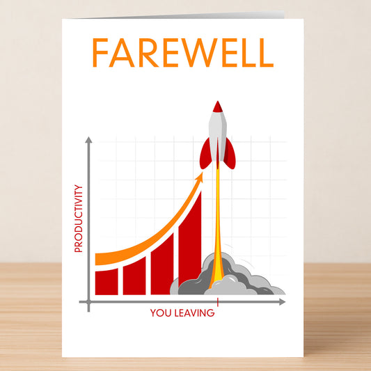 The Twisted Gifts Productivity Funny Farewell Card features a rocket shooting up a "Productivity" graph labeled “You Leaving”—a humorous way to suggest productivity will skyrocket after you say goodbye.