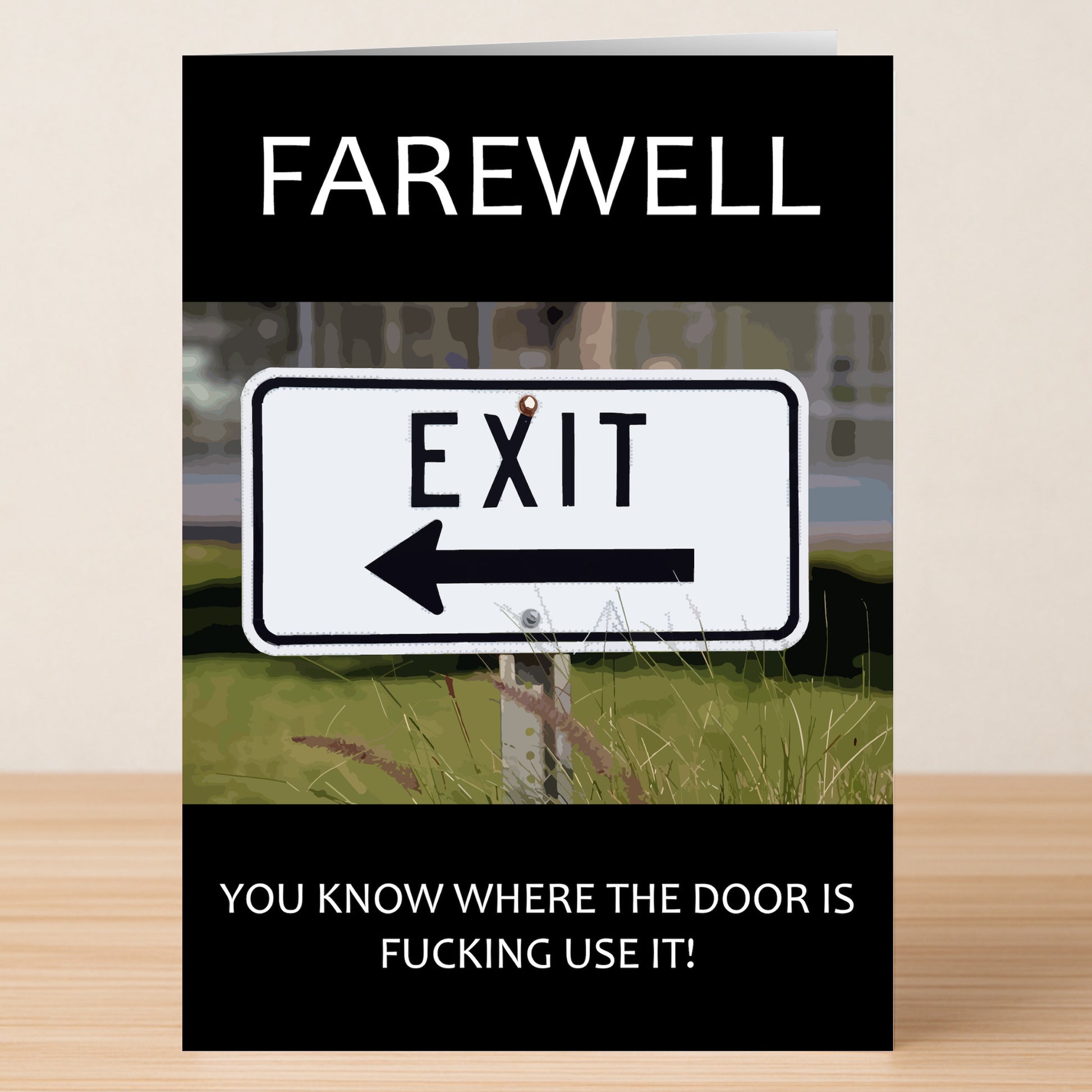 Send off with style using the "Use The Door Rude Farewell Card" by Twisted Gifts—features a left-pointing exit sign and the bold text: "You know where the door is fucking use it!" Ideal for anyone who enjoys unapologetic humor.