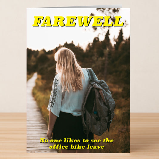 The Office Bike Insulting Farewell Card by Twisted Gifts features a figure with long blonde hair walking away on a wooden path, holding an Office Bike helmet and bag, with bold yellow farewell text.