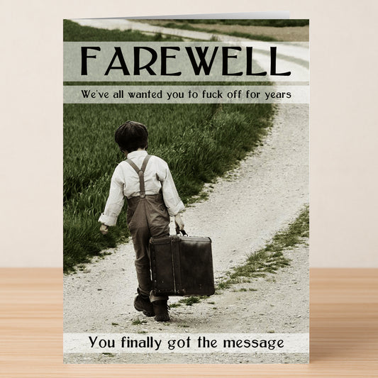 The Twisted Gifts Message Rude Farewell Card features a sepia photo of a boy with a suitcase and delivers cheeky humor: "Farewell. We've all wanted you to fuck off for years. You finally got the message.