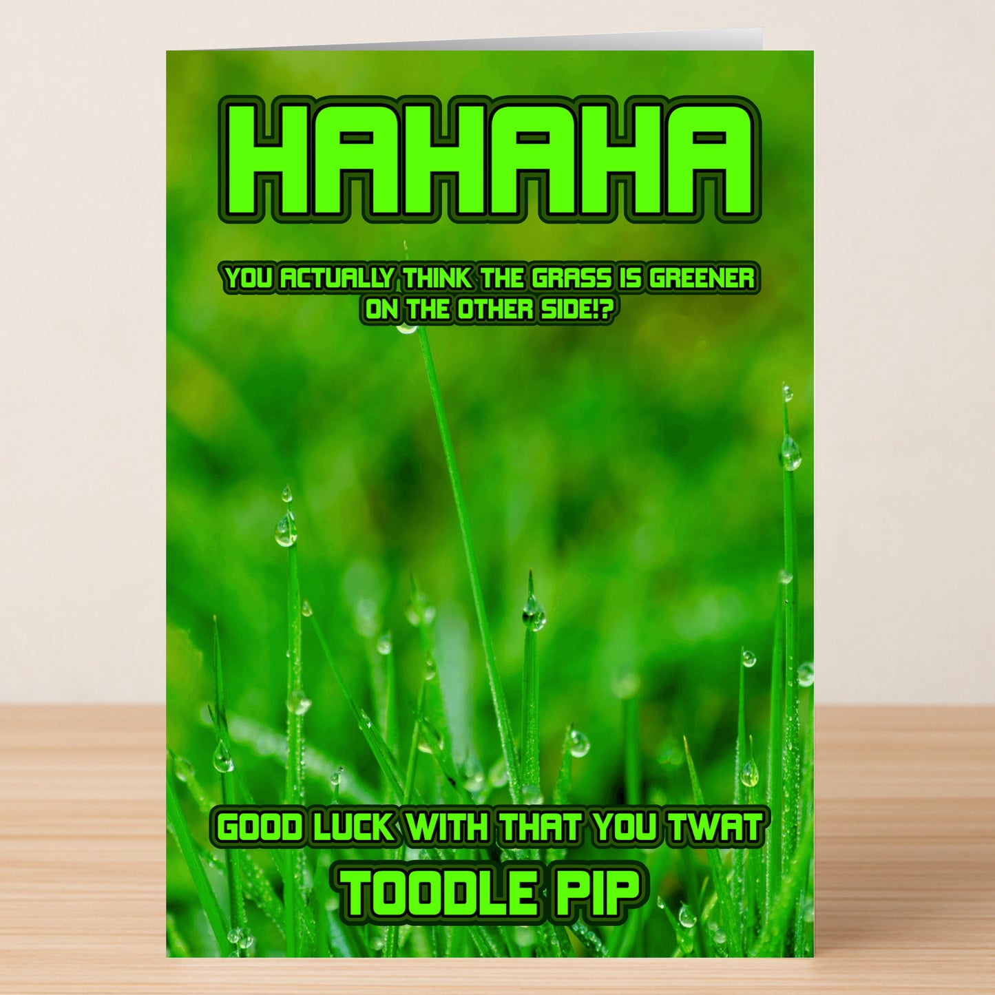 The Grass Is Greener Rude Farewell Card from Twisted Gifts features bold text: "HAHAHA You actually think the grass is greener on the other side? Good luck with that you twat. Toodle pip." A hilariously rude goodbye card.
