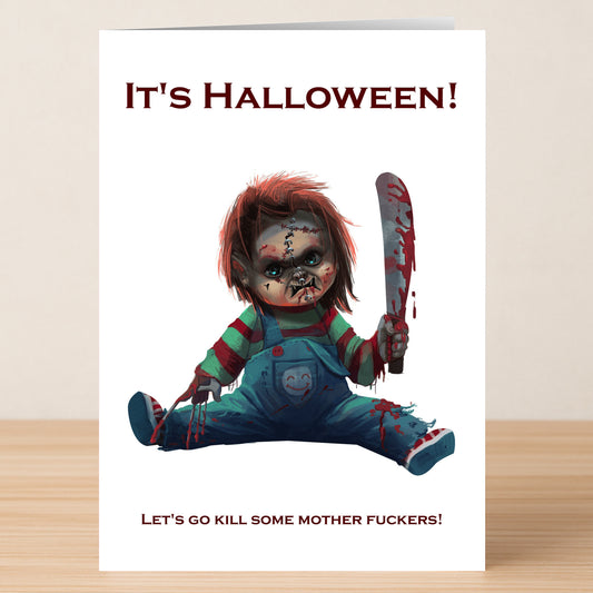 The "Kill Some MF's Rude Halloween Card" by Twisted Gifts features a bloodied doll with a knife and the text "It's Halloween! Let's go kill some mother fuckers!"—perfect for those with a twisted sense of humor.