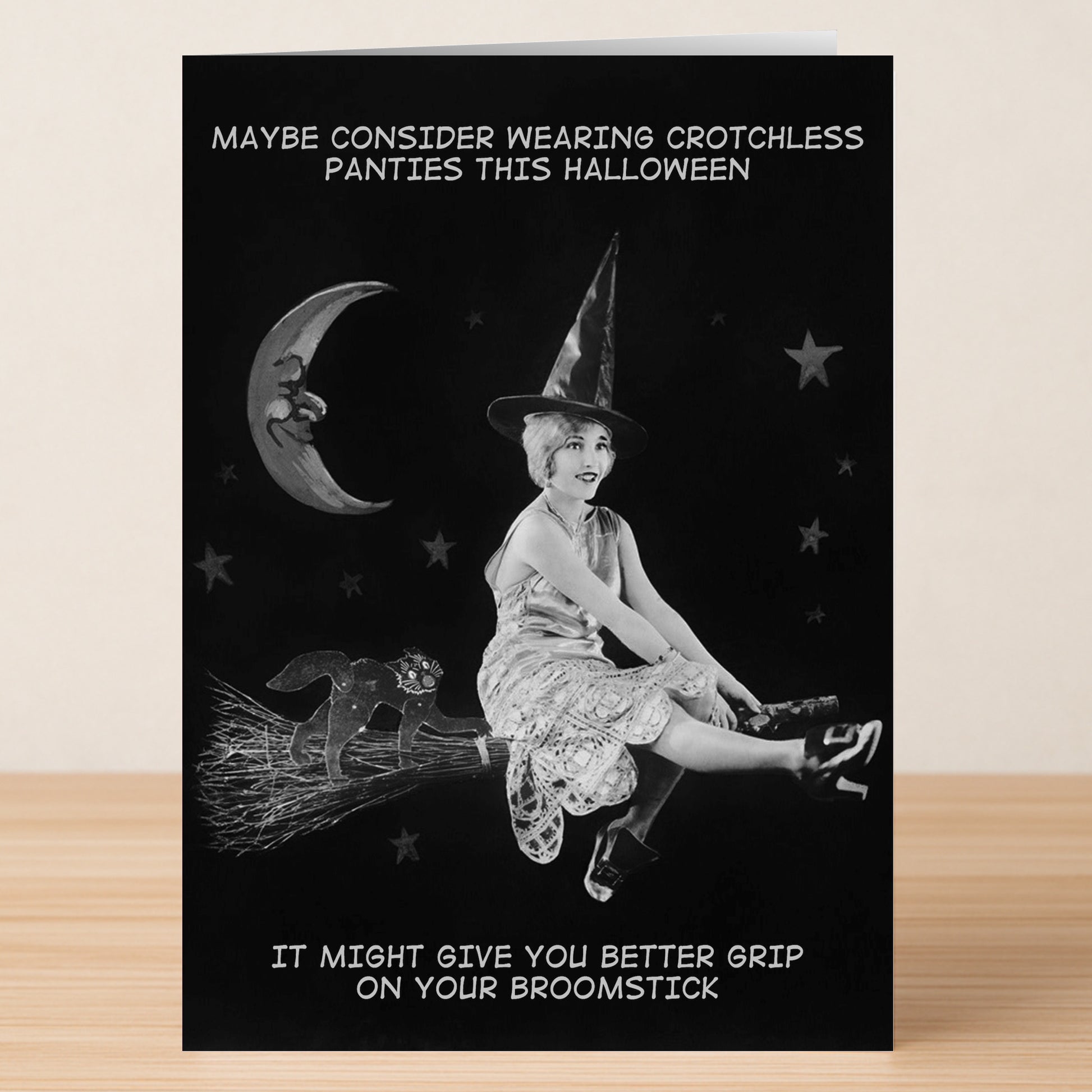 The Broomstick Rude Halloween Card by Twisted Gifts features a cheeky witch on a broomstick with hilarious text about crotchless panties and her grip—perfect for a playful Halloween celebration.