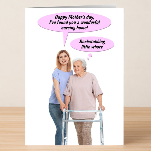 The "Backstabbing Funny Mother's Day Card" by Twisted Gifts features a young woman with an elderly woman using a walker, swapping sarcastic remarks—an ideal choice for anyone who loves humor on Mother's Day.