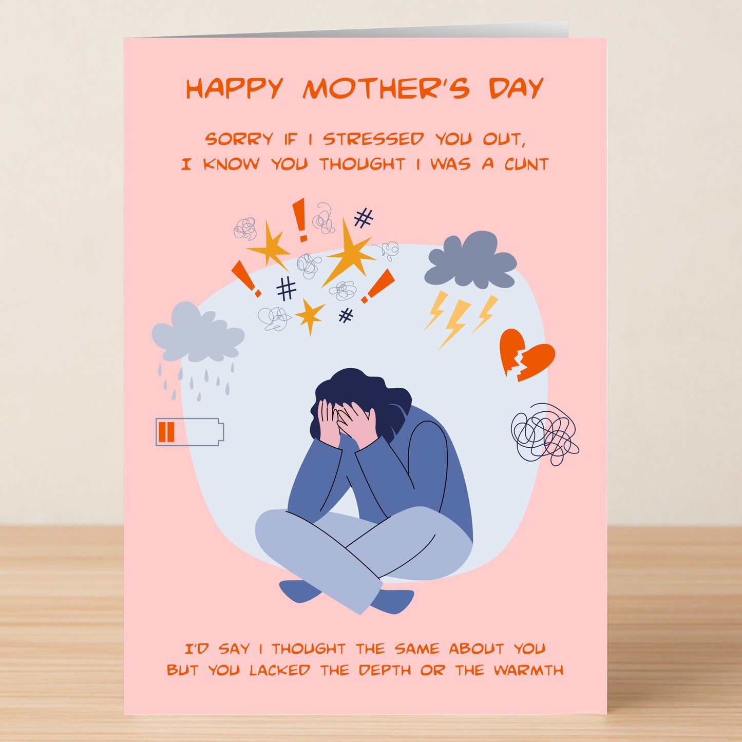The Warmth Funny Mother's Day Card by Twisted Gifts features a distressed character amid stress icons and witty, honest text—perfect for those wanting a unique, humorous card that stands out on Mother’s Day.