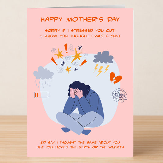 The Warmth Funny Mother's Day Card by Twisted Gifts features a distressed character amid stress icons and witty, honest text—perfect for those wanting a unique, humorous card that stands out on Mother’s Day.