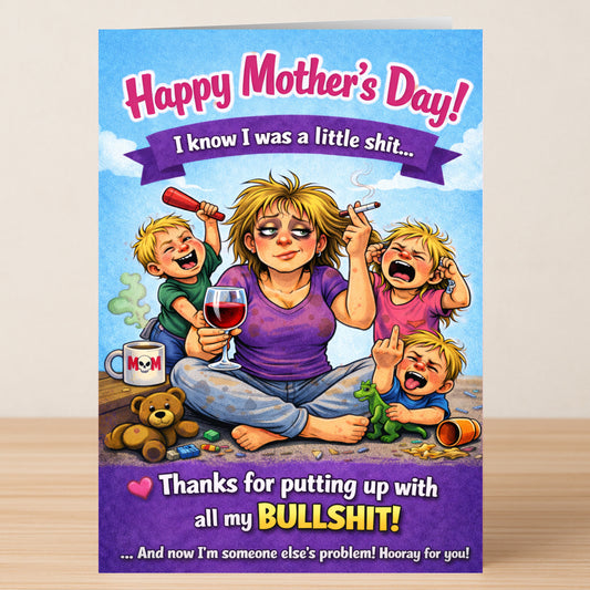 The Little Shit Mother's Day Card by Twisted Gifts features a tired mum, three chaotic kids, wine, and a mug with playful text—a witty way to thank her for handling your mischief on Mother's Day.