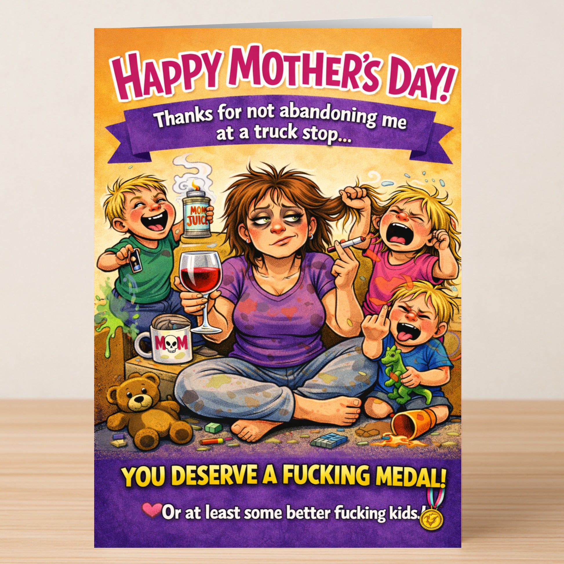 The Truck Stop Mother's Day Card by Twisted Gifts features a cartoon mom exhausted on the floor with three crying kids, humorously highlighting parenting struggles and joking she deserves a medal for all she does.