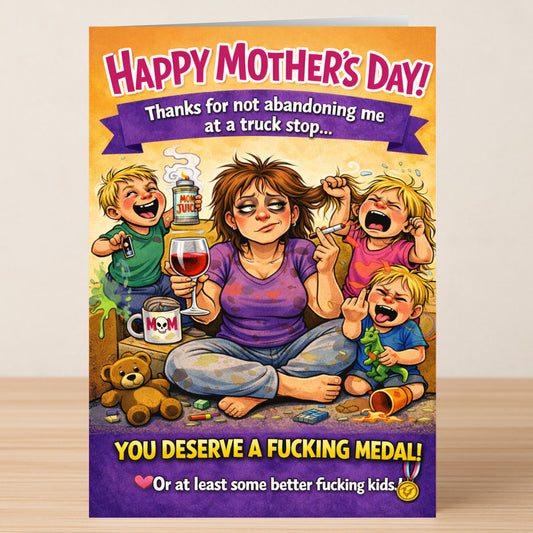 The Truck Stop Mother's Day Card by Twisted Gifts features a cartoon mom exhausted on the floor with three crying kids, humorously highlighting parenting struggles and joking she deserves a medal for all she does.