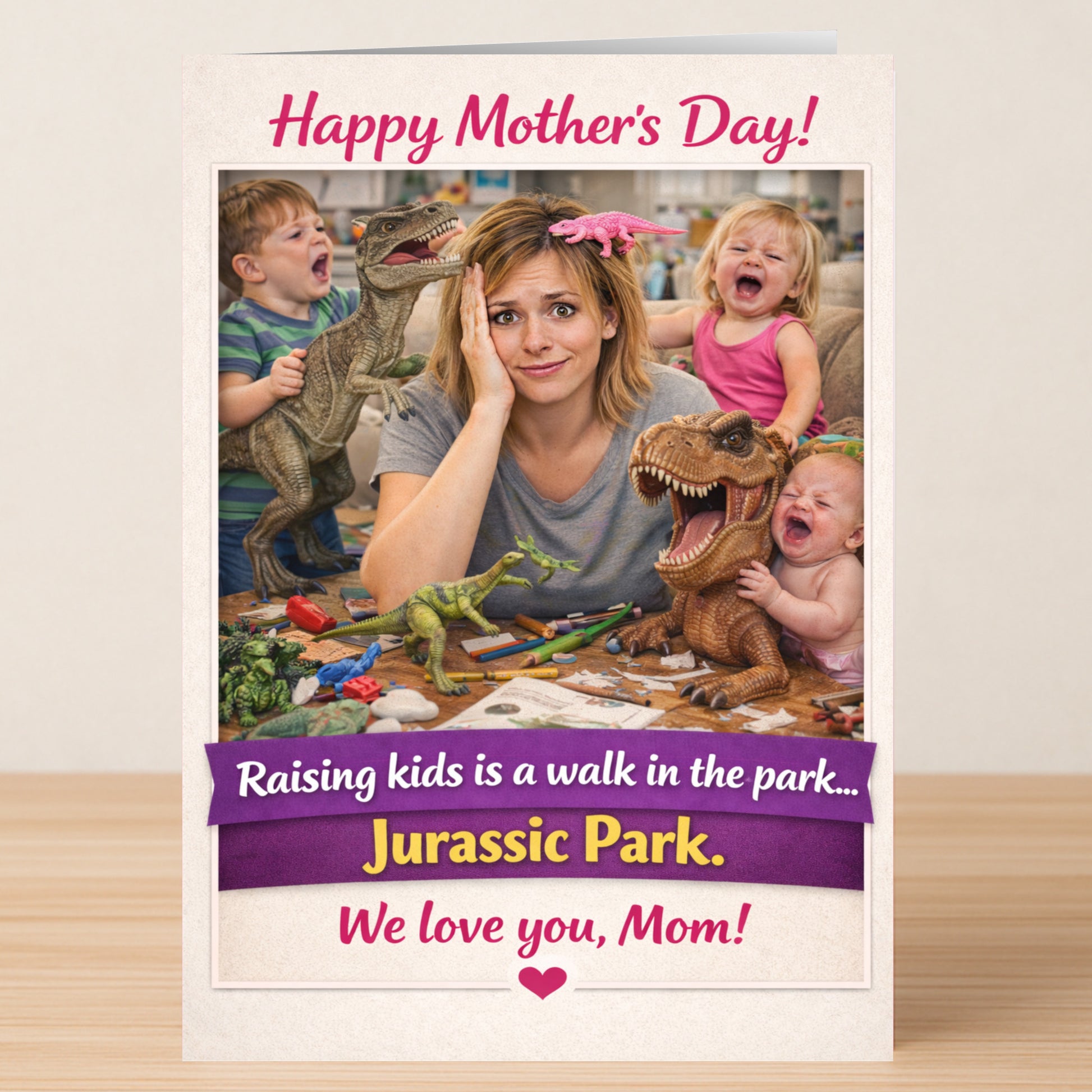 The Twisted Gifts Jurassic Park Mother's Day Card shows a mom surrounded by crying kids and dinosaur toys, with the message: “Happy Mother’s Day! Raising kids is a walk in the park… Jurassic Park.” A fun card for moms!.