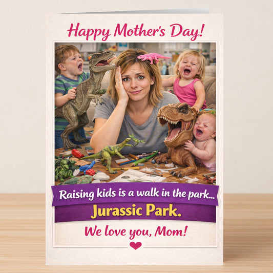 The Twisted Gifts Jurassic Park Mother's Day Card shows a mom surrounded by crying kids and dinosaur toys, with the message: “Happy Mother’s Day! Raising kids is a walk in the park… Jurassic Park.” A fun card for moms!.