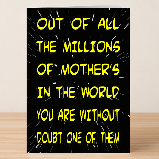 The "One Of Them Funny Mother's Day Card" by Twisted Gifts features yellow text on a black starry background that reads: "Out of all the millions of mothers in the world you are without doubt one of them.