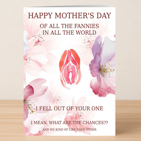 The Fell Out Rude Mother's Day Card by Twisted Gifts features floral designs, a stylized vulva illustration, and funny text about the odds of being born to your mum.