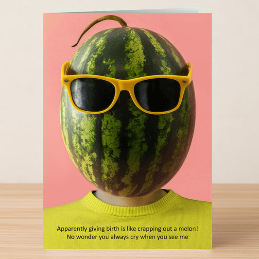 The Melon Funny Mother's Day Card by Twisted Gifts features a watermelon with yellow sunglasses and a stem as a head on someone's shoulders, paired with humorous childbirth text—an ideal quirky choice for Mother’s Day smiles.