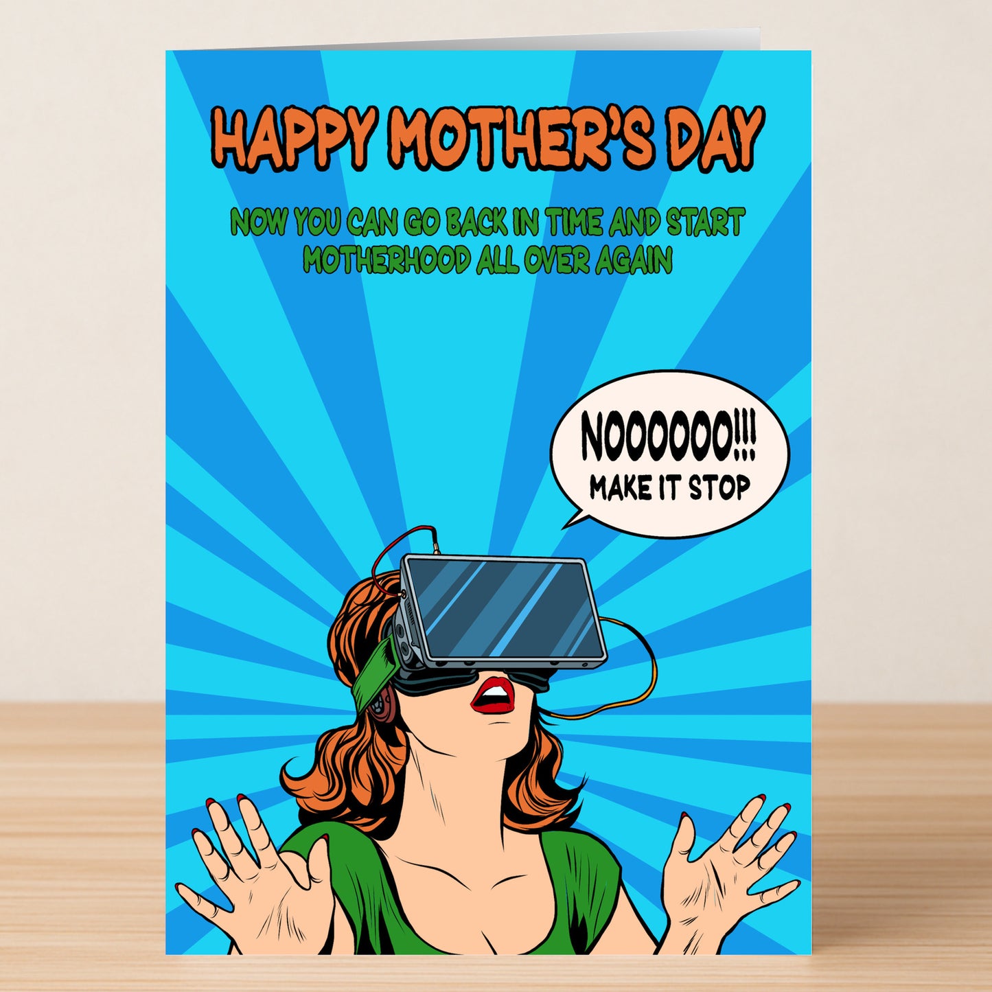 The Back In Time Funny Mother's Day Card by Twisted Gifts features a comic-style mom in a VR headset shouting "NOOOOO!!! MAKE IT STOP"—a hilarious choice to wish your mom a happy Mother’s Day if she loves humor!.