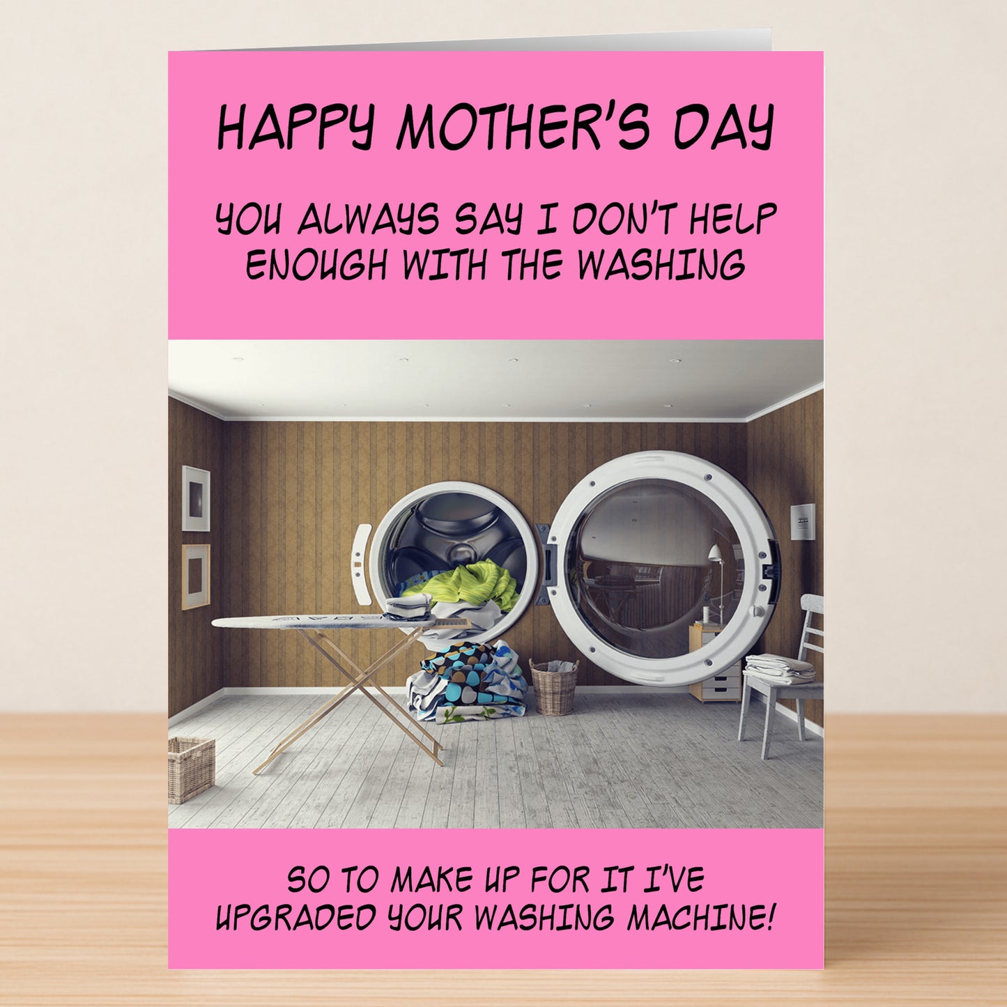The Twisted Gifts Washing Machine Insulting Mother's Day Card features two big laundry machines and funny laundry-themed humor about upgrading her washer—perfect for a cheeky Mother’s Day greeting.