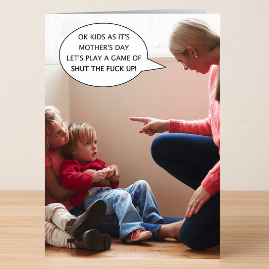 The Let's Play Rude Mother's Day Card by Twisted Gifts shows a woman pointing at two kids with a speech bubble using explicit language—a naughty, funny card perfect for anyone with a cheeky sense of humor.