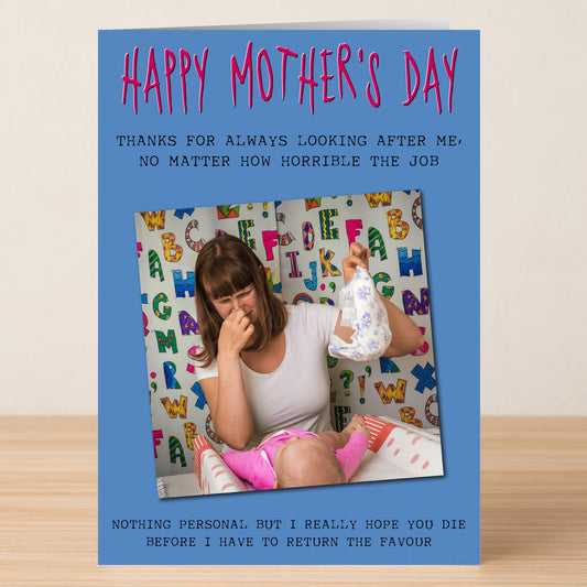 Celebrate with the Nothing Personal Insulting Mother's Day Card from Twisted Gifts—featuring "Happy Mother's Day," a woman holding a dirty diaper, pinching her nose, and colorful wall letters. Perfect for moms with a sense of humor!.