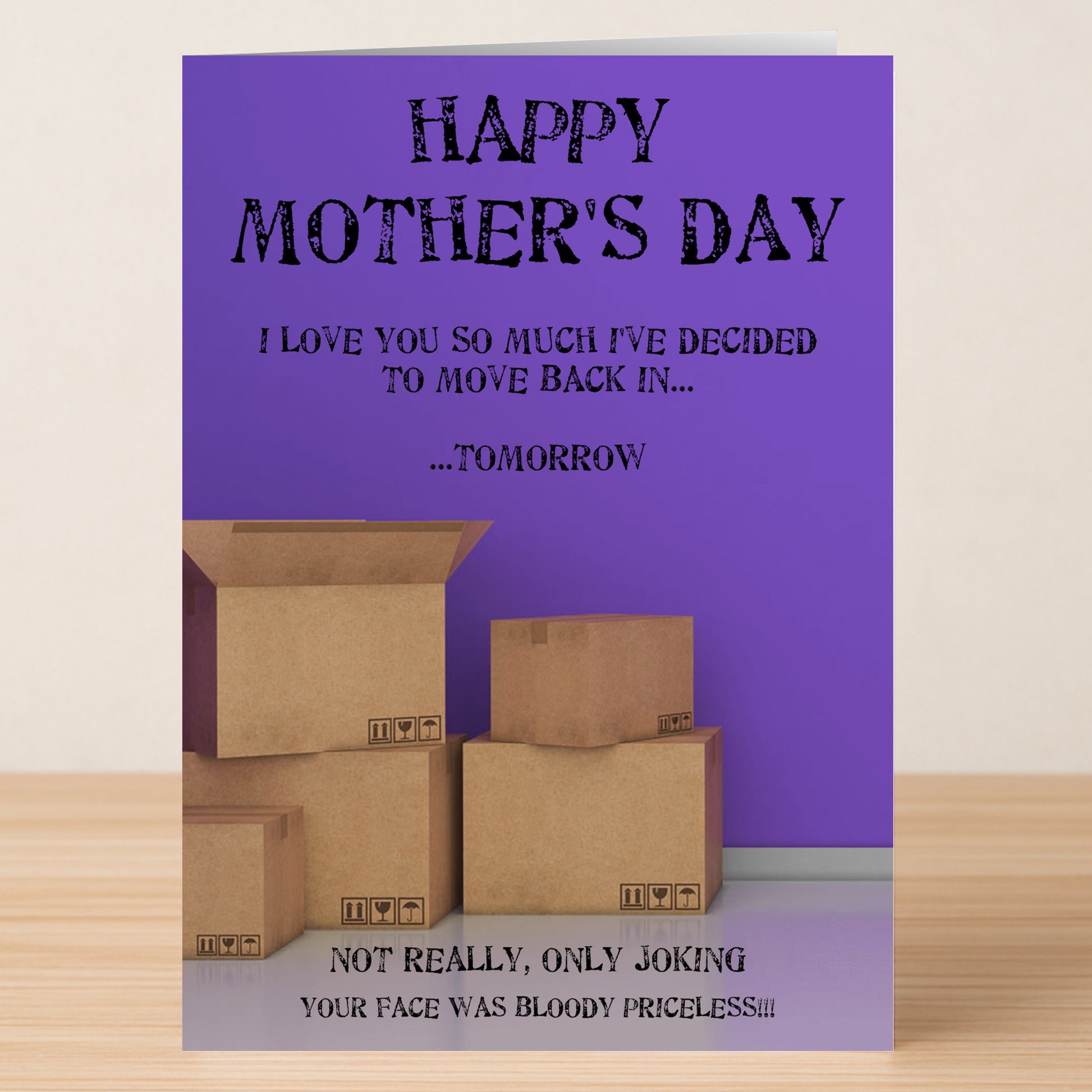 The Moving Back In Rude Mother's Day Card by Twisted Gifts features a bold box design and a funny message joking about moving back in, finished with a witty punchline about Mom’s reaction.