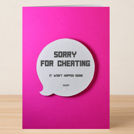 The Won’t Happen Again Funny Sorry Card by Twisted Gifts features a pink design and a speech bubble saying, "Sorry for cheating. It won't happen again much"—a perfect humorous apology card to make amends with a smile.