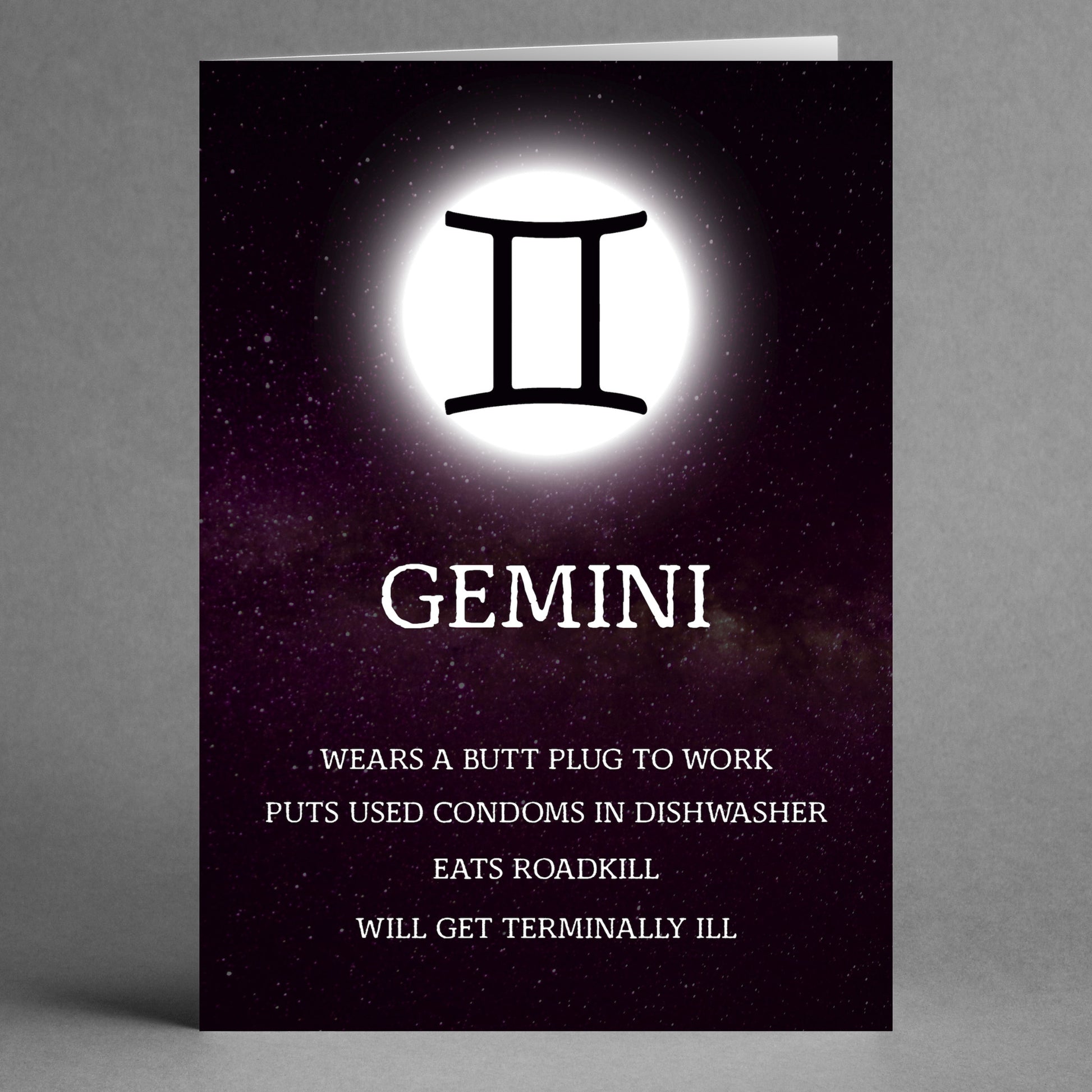 Introducing the Gemini Rude Star Sign Card by Twisted Gifts: This whimsical gift delivers cheeky jabs about work habits, dishwashing, eating roadkill, and even terminal illnesses—ideal for the astrology-enthusiast prankster you know.