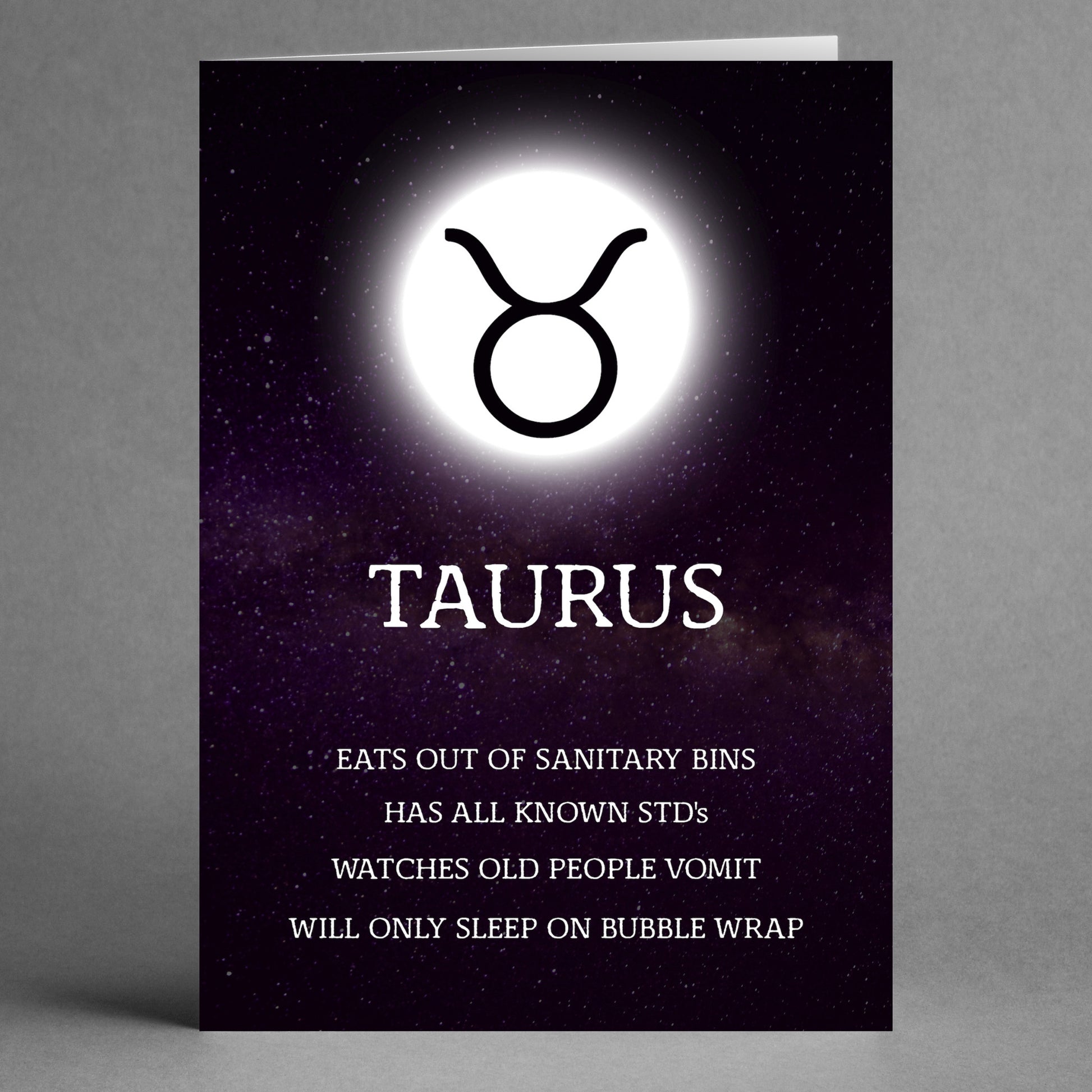 The "Taurus Rude Star Sign Card" from Twisted Gifts humorously showcases the quirky eating habits and unique sleeping preferences associated with Taurus. Ideal for gifting, this distinctive greeting card playfully captures the essence of a Taurus.