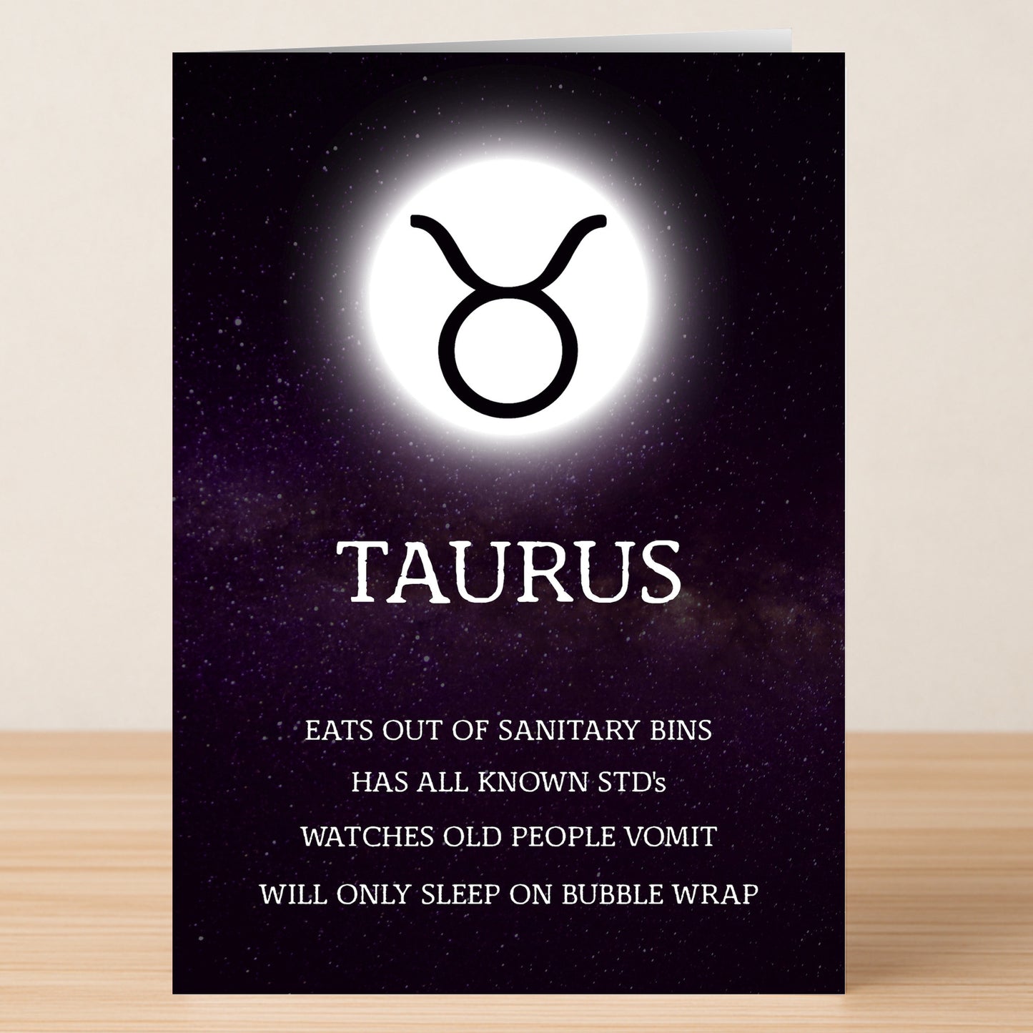 The Taurus Rude Star Sign Card by Twisted Gifts showcases a bold zodiac design with sarcastic text humorously exaggerating Taurus traits—a unique and cheeky greeting card for astrology lovers.