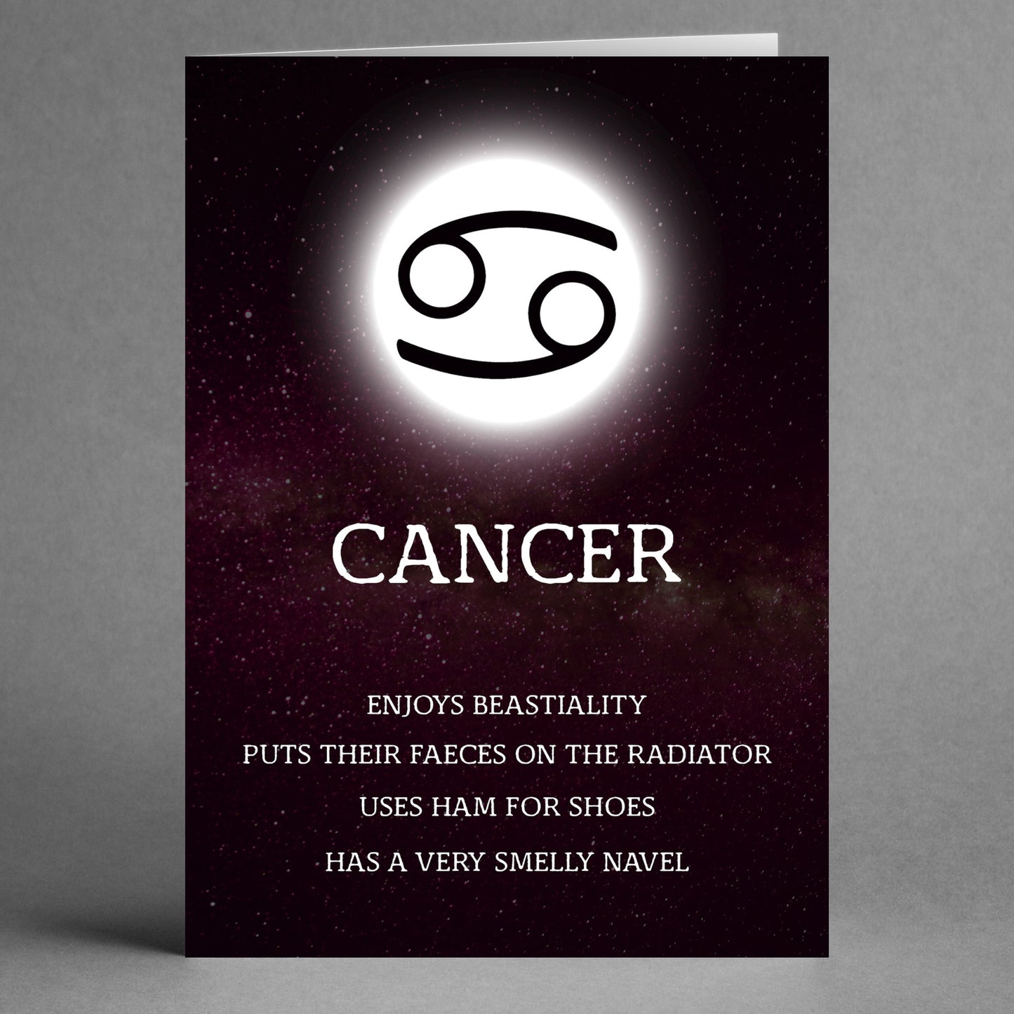 Brought to you by Twisted Gifts, the Cancer Rude Star Sign Card is a hilarious greeting card that cleverly highlights the distinctive traits of Cancerians, all set against an enchanting starry background.