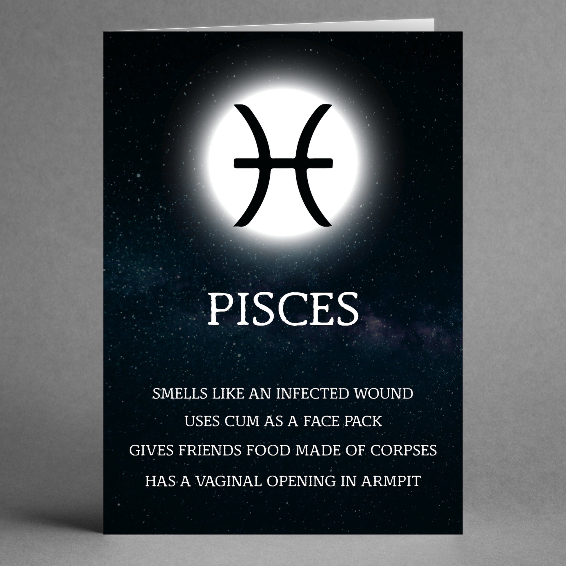 The Pisces Rude Star Sign Card by Twisted Gifts showcases the Pisces symbol against a starry sky, with humorous and exaggerated traits playfully displayed in white text beneath.