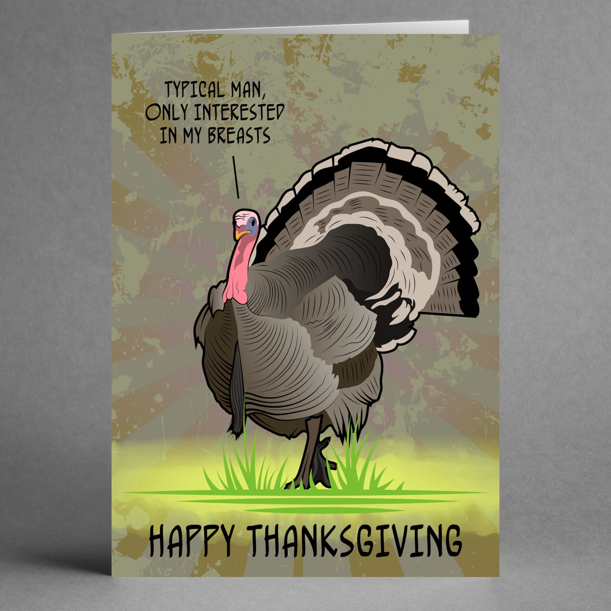 The "Typical Man Rude Thanksgiving Card" by Twisted Gifts showcases a turkey adorned with the witty text, "Typical man, only interested in my breasts," followed by a cheerful "Happy Thanksgiving." Ideal for those who appreciate humor in their holiday cards.