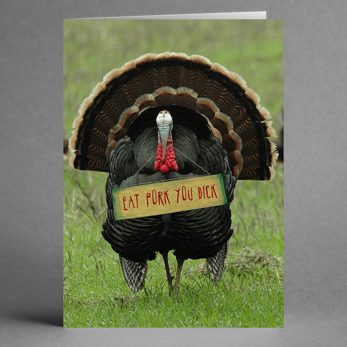 A turkey comically displays a sign saying, "Eat pork you dick," while its feathers fan out over green grass, making it an ideal playful twist for the Twisted Gifts Eat Pork Insulting Thanksgiving Card.