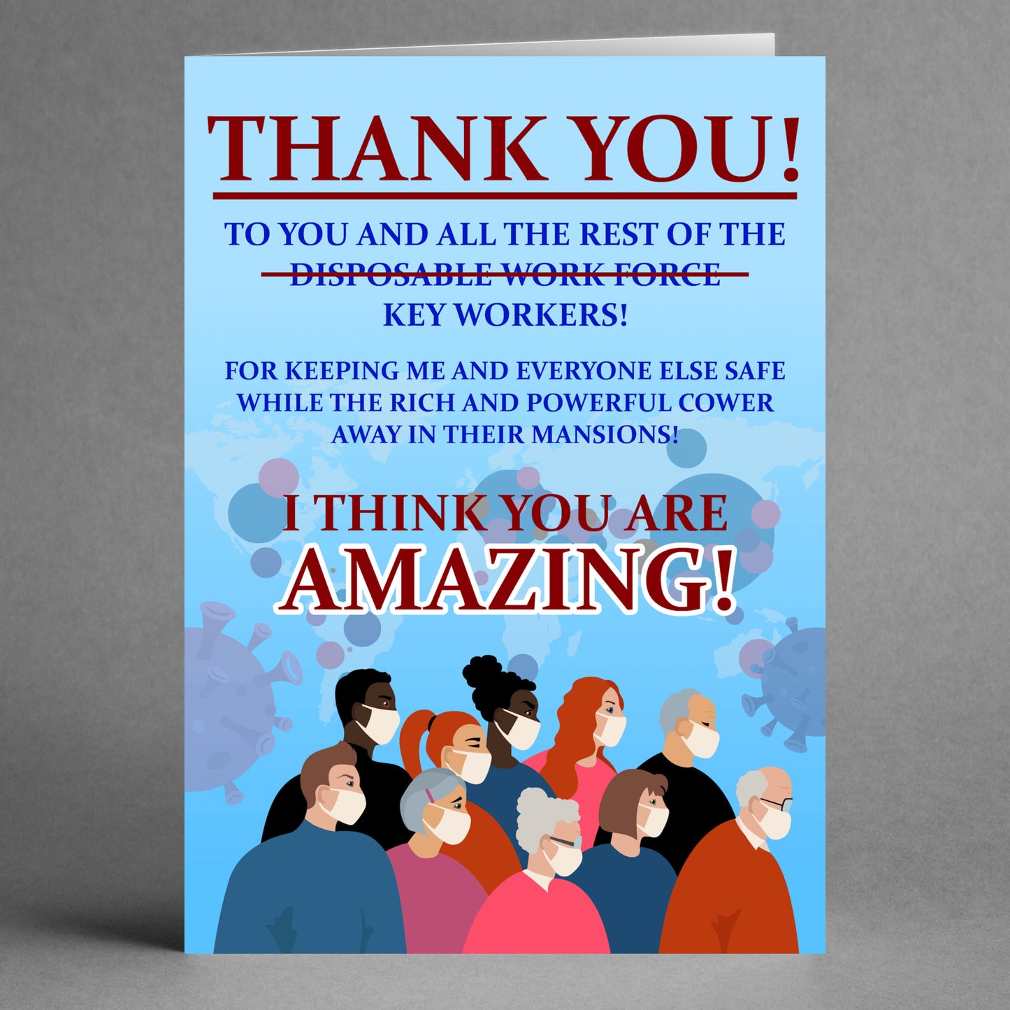 The "Key Workers Funny Thank You Card" by Twisted Gifts showcases playful illustrations of diverse individuals wearing masks, with the red text boldly highlighting "Amazing" to express gratitude.