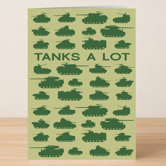 Twisted Gifts' Tanks A Lot Funny Thank You Card features green tank silhouettes on a light green background with "TANKS A LOT" in bold letters—a playful way to express gratitude.
