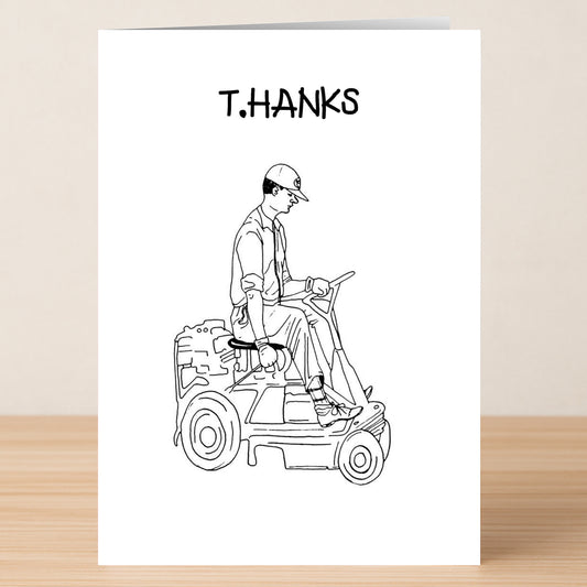 The T.Hanks Funny Thank You Card by Twisted Gifts features a line drawing of a man in casual clothes and cap on a lawnmower with "T. HANKS" above—ideal for quirky, Tom Hanks-inspired appreciation.