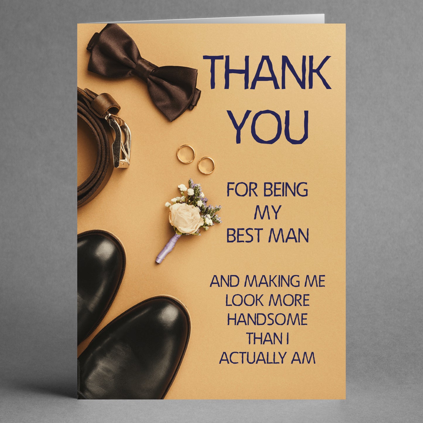 This quirky greeting card from Twisted Gifts, known as the "Look Handsome Funny Thank You Card," features a bow tie, belt, rings, boutonniere, and shoes on a beige background. It's the perfect way to express gratitude to your best man with style and flair.