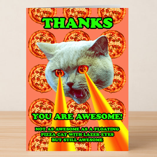 The Lazer Cat Insulting Thank You Card by Twisted Gifts features a cat head with laser eyes floating before repeating pizza slices, plus the message: "THANKS. YOU ARE AWESOME! Not as awesome as a floating pizza cat with lazer eyes, but still awesome.