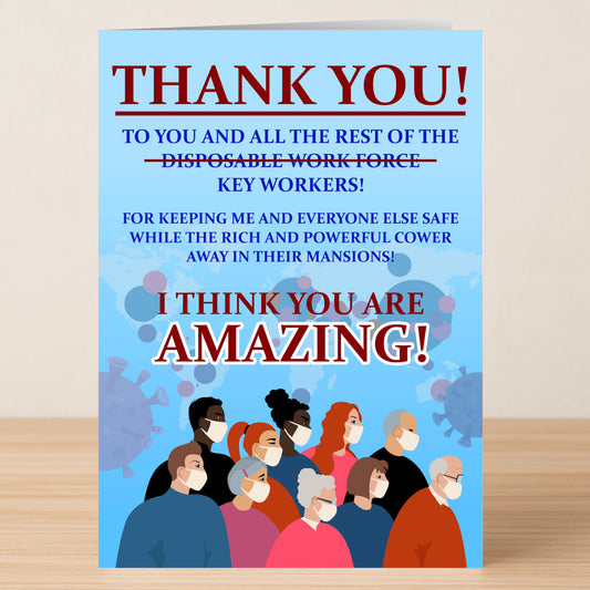 The Twisted Gifts Key Workers Funny Thank You Card features masked people and playful virus art, with text celebrating and thanking key workers as truly amazing.