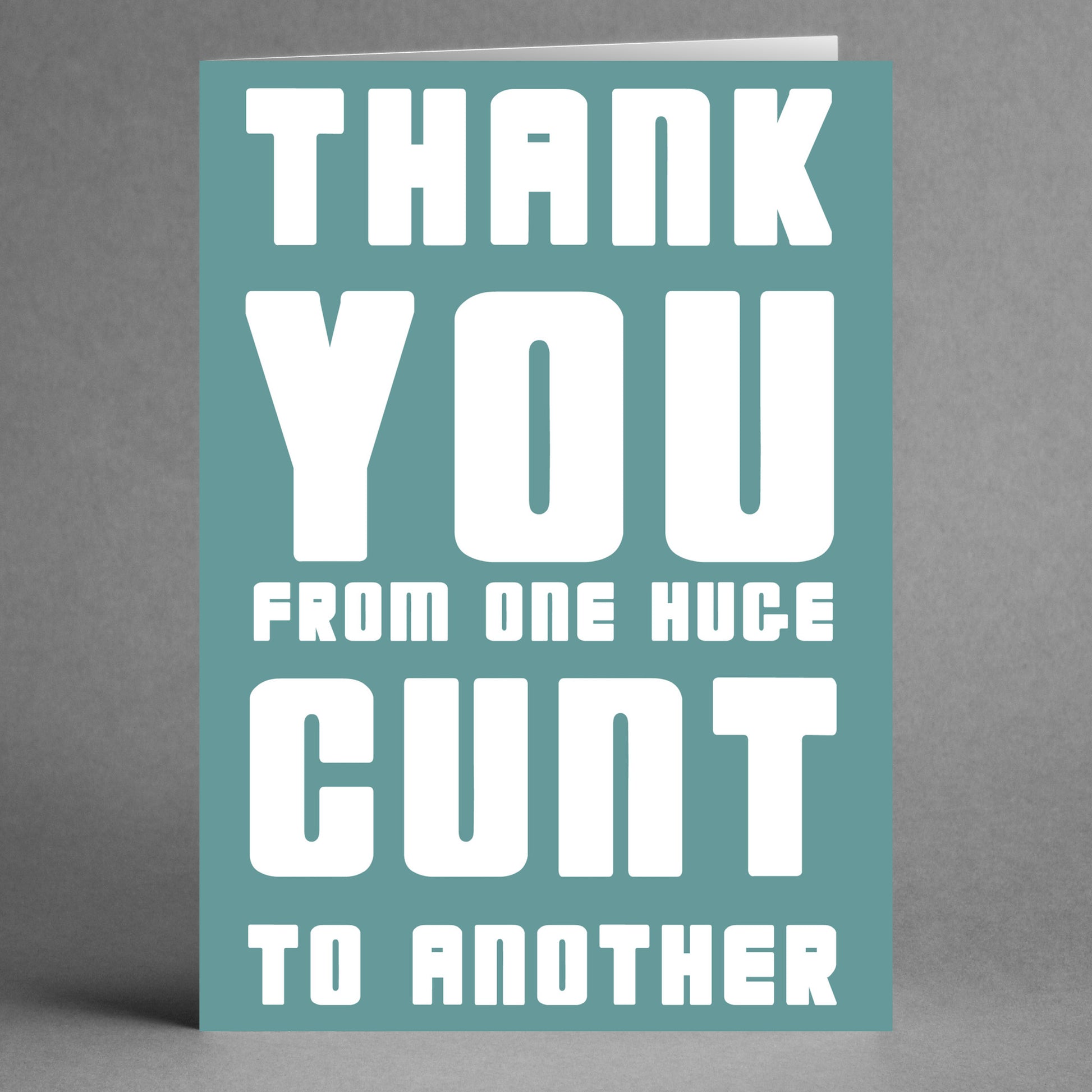 The "Huge Cunt Insulting Thank You Card" by Twisted Gifts features bold teal text that reads, "THANK YOU FROM ONE HUGE CUNT TO ANOTHER," providing a distinct way to show your gratitude.