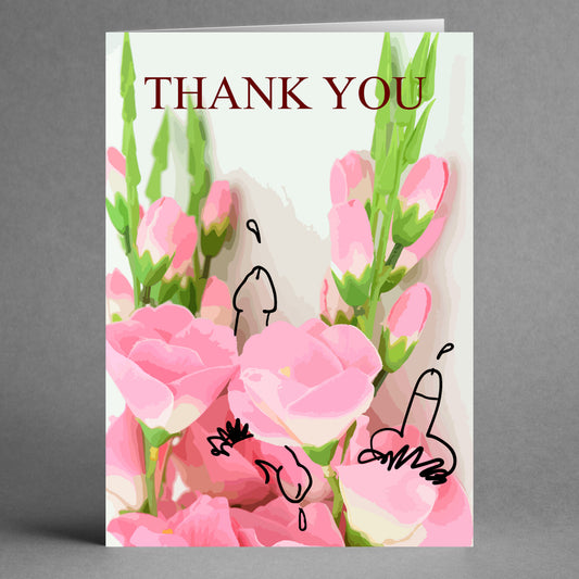 A "Cock Flowers Rude Thank You Card" by Twisted Gifts, originally showcasing pink flowers, has been transformed into a cheeky thank you card with playful doodles.