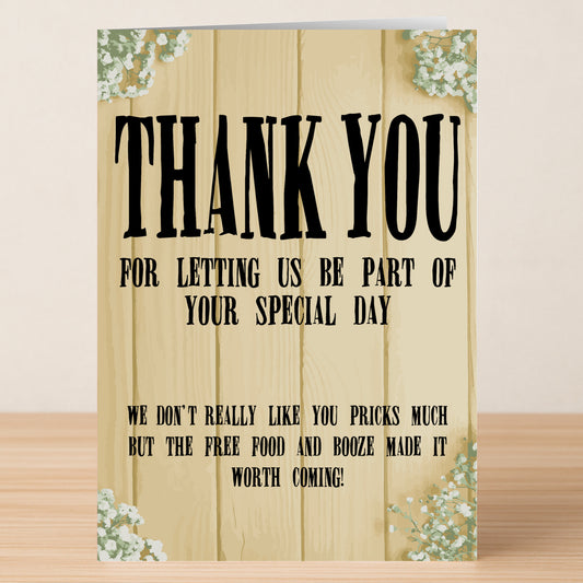 Show your playful side with Twisted Gifts' "Worth Coming Insulting Thank You Card"—it thanks them for the invite and jokes about free food and drinks, even if you don’t actually like them that much!.