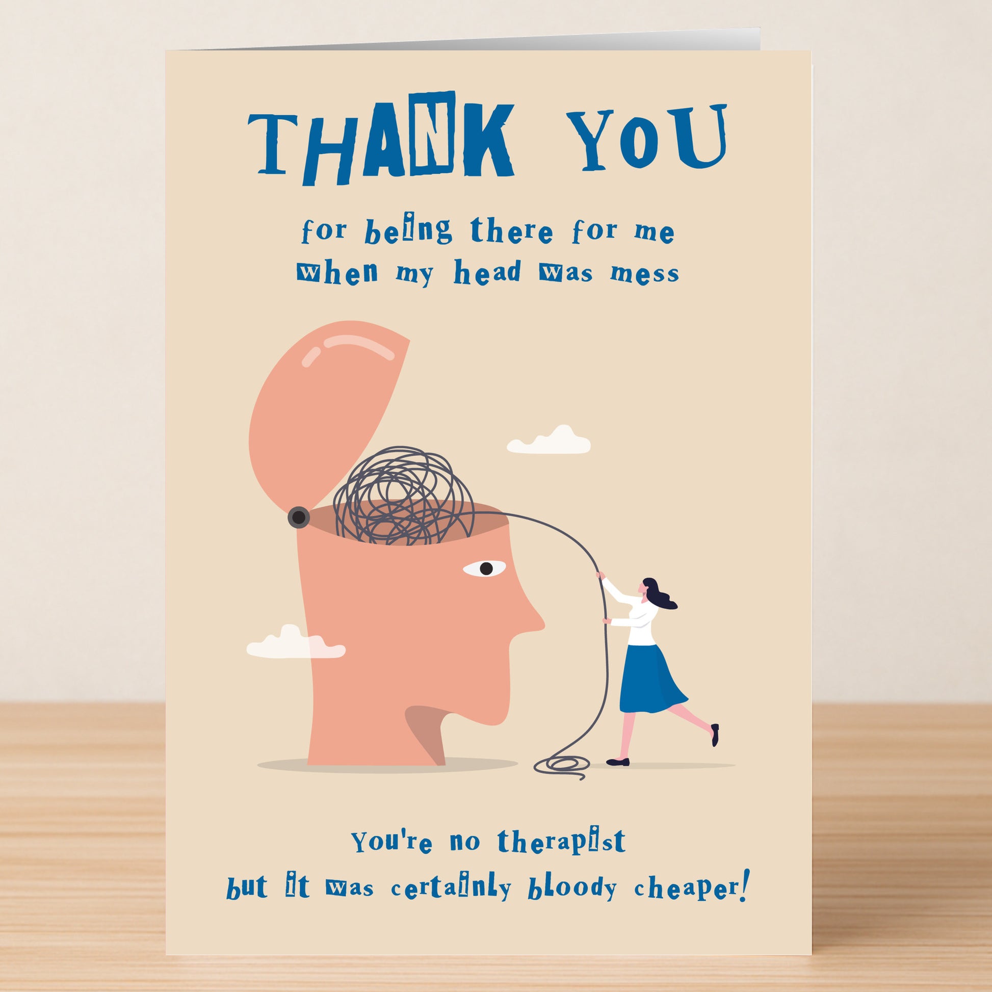 Twisted Gifts’ Therapist Funny Thank You Card features a quirky illustration of a woman untangling a scribble from an open head—an amusing way to thank someone for their support during tough times, even if they're not your therapist!.
