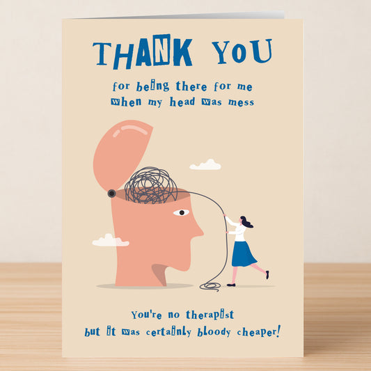 Twisted Gifts’ Therapist Funny Thank You Card features a quirky illustration of a woman untangling a scribble from an open head—an amusing way to thank someone for their support during tough times, even if they're not your therapist!.