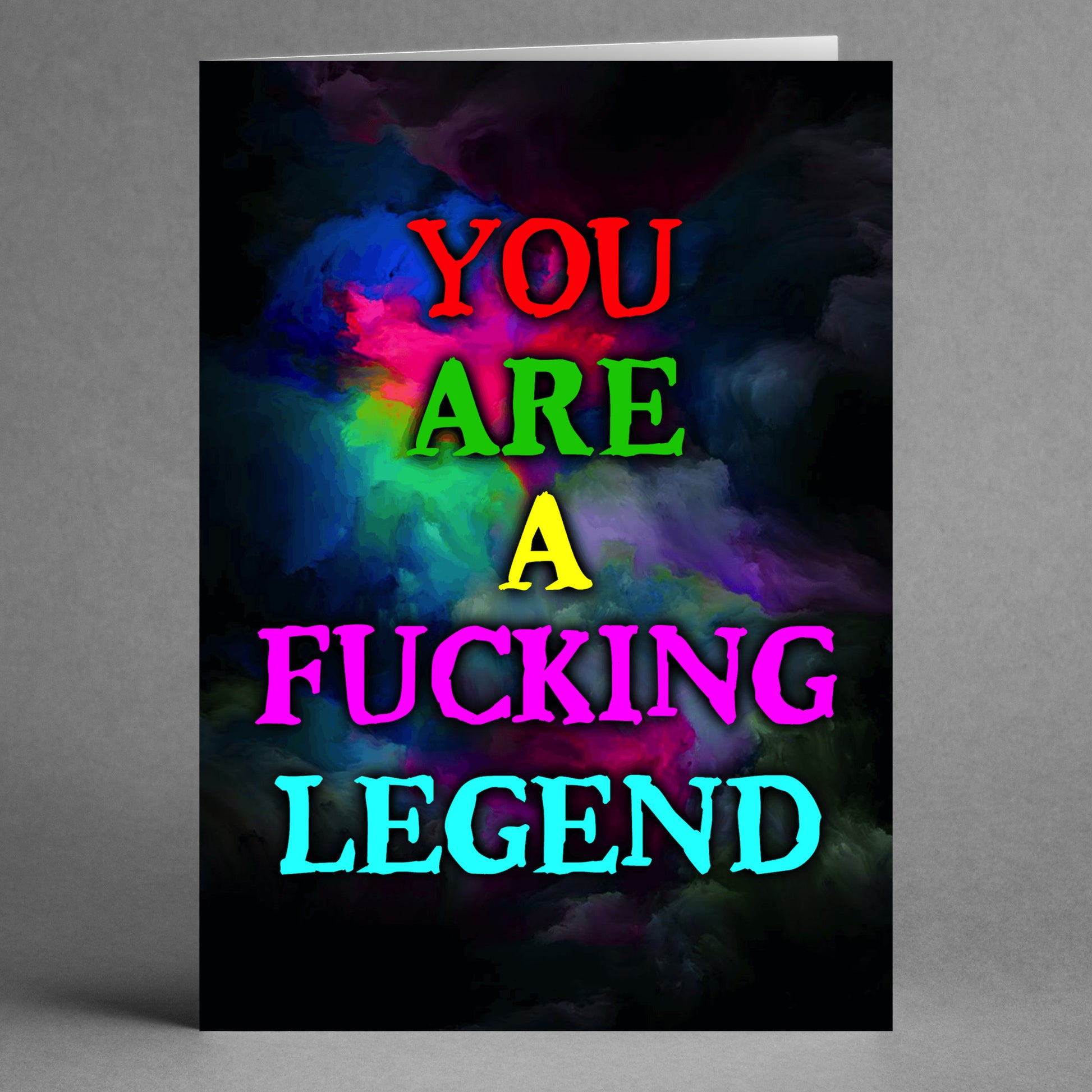 Twisted Gifts offers the "Fucking Legend Funny Thank You Card," featuring vibrant text on a dark background proudly proclaiming, "YOU ARE A FUCKING LEGEND." This card combines humor and gratitude, making it an ideal choice for expressing thanks to someone remarkable.