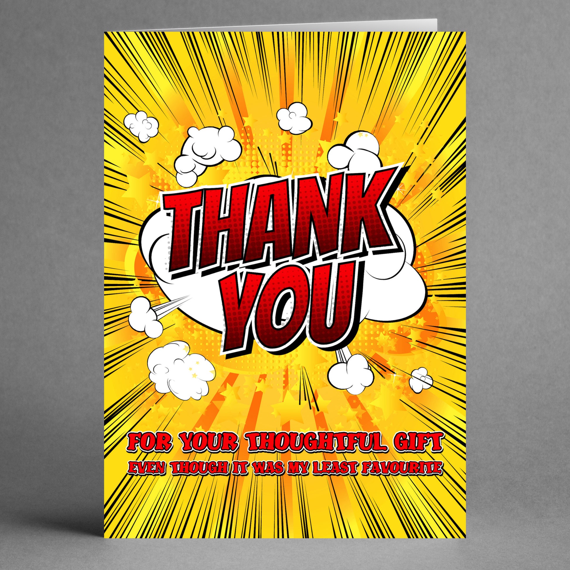 Introducing the "Thoughtful Gift Rude Thank You Card" by Twisted Gifts: a comic-style card vibrant with color, featuring bold red "Thank You" letters encircled by clouds. It comes complete with a cheeky message about a least favorite gift—perfect for expressing gratitude when thoughtful gifts don't quite hit the mark!