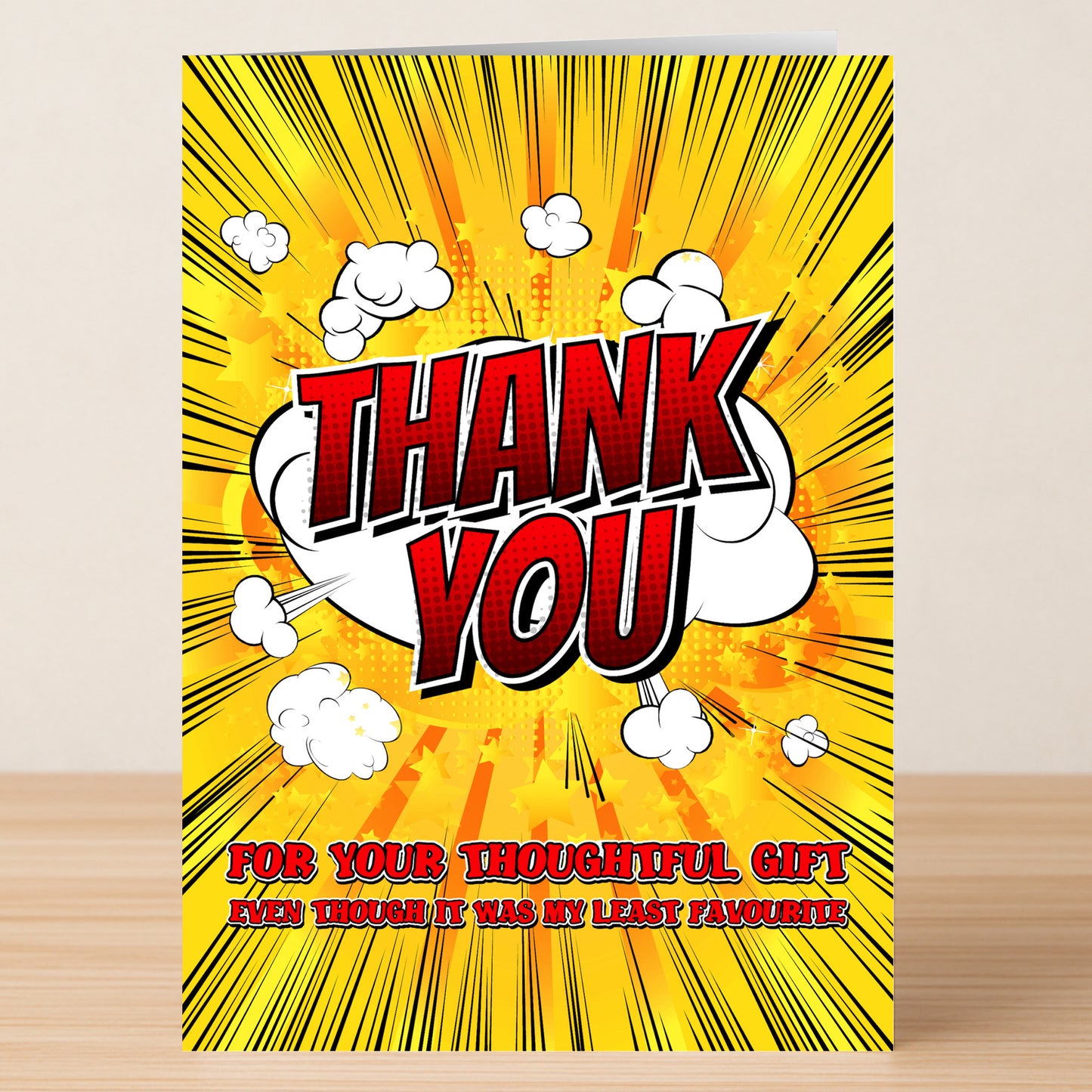 The Twisted Gifts "Thoughtful Gift Rude Thank You Card" features a comic-style "THANK YOU" and the cheeky message, "For your thoughtful gift, even though it was my least favourite," on a bright yellow background with white clouds.