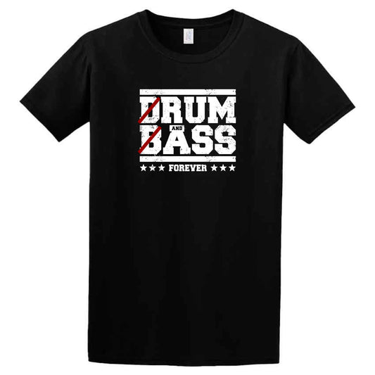 The Twisted Gifts Drum n Bass T-Shirt features bold white "DRUM AND BASS FOREVER" text with five stars and a stylized red-lined “D.” Ideal festival wear for music lovers.