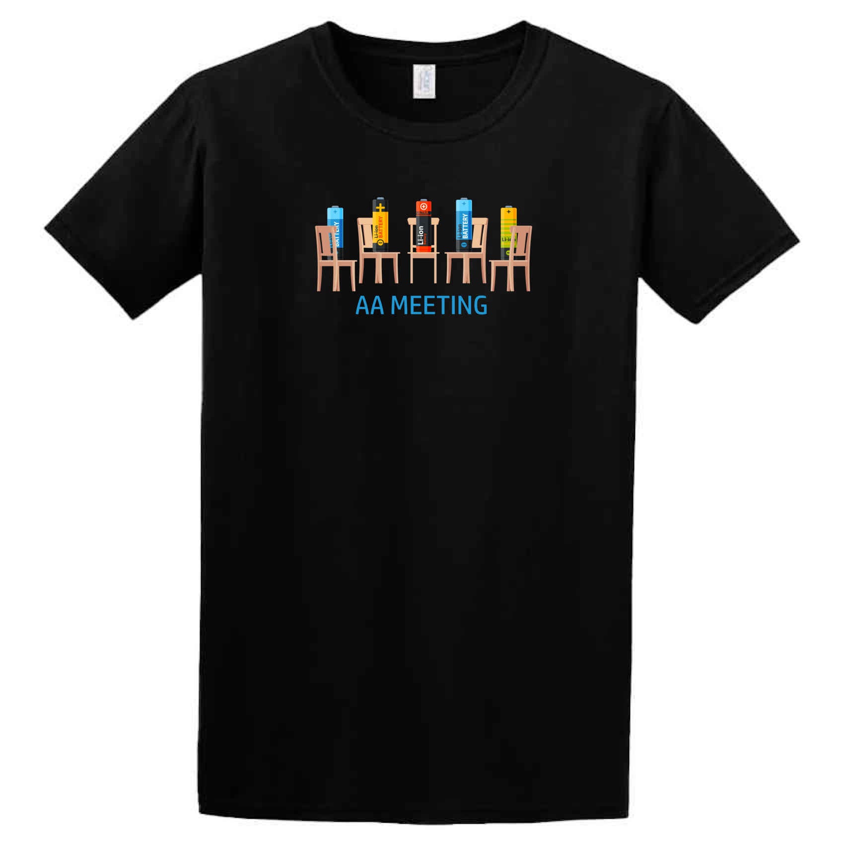 The AA Meeting T-Shirt by Twisted Gifts features six illustrated batteries at a table with "AA MEETING" below—a fun, quirky recovery shirt perfect for anyone who appreciates humor.