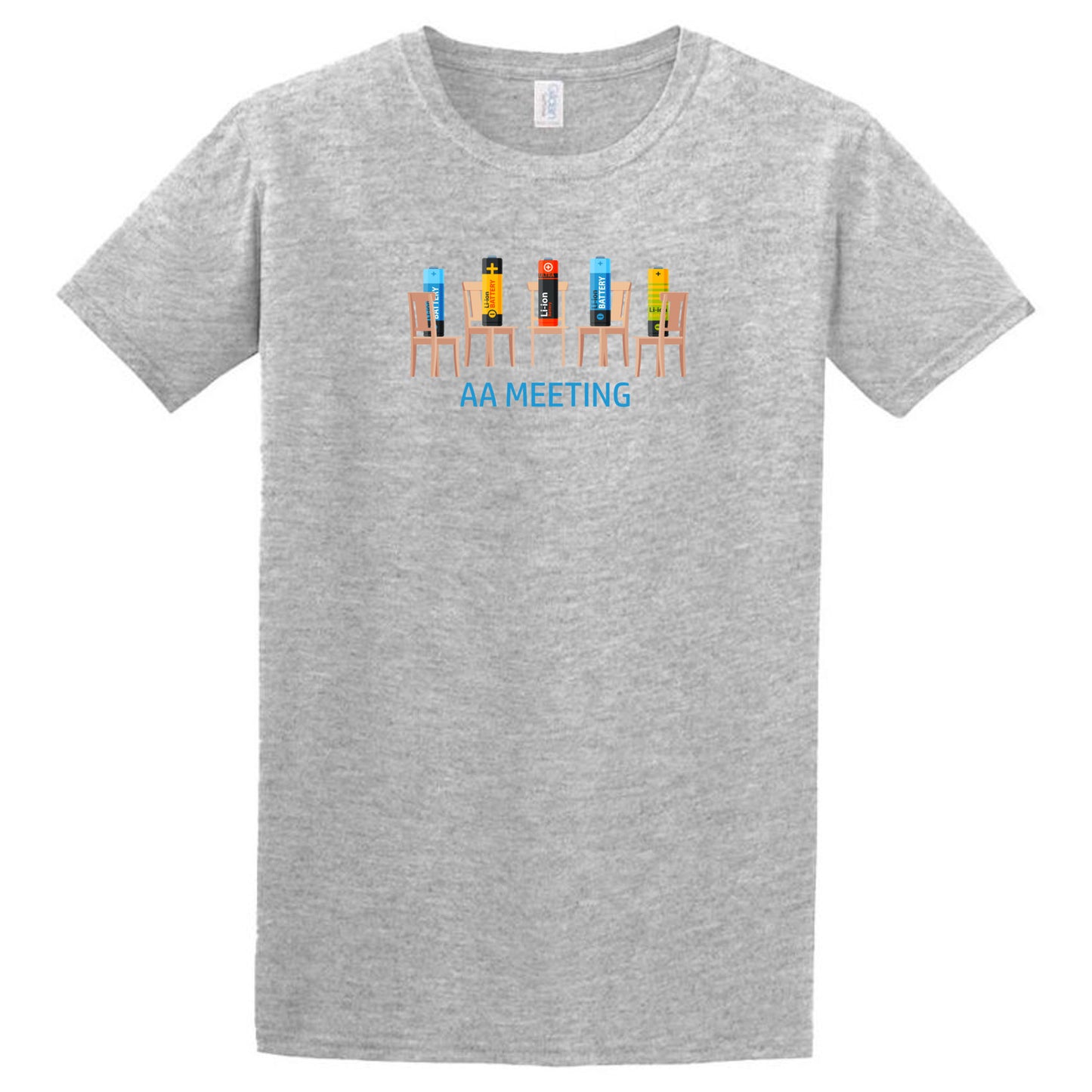The AA Meeting T-Shirt by Twisted Gifts features six batteries on chairs above the text “AA MEETING.” Ideal for those who love clever humor and unique designs.