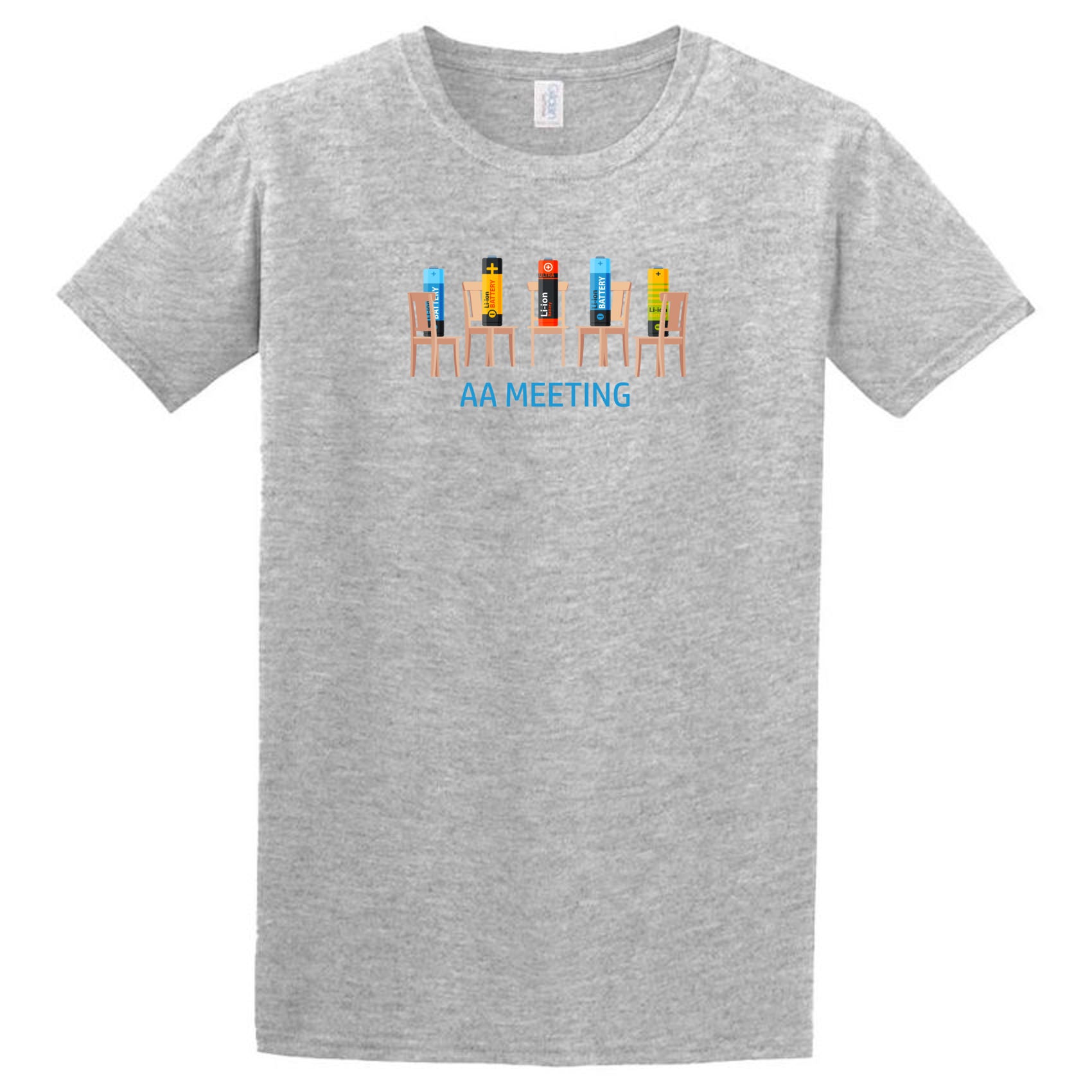 The AA Meeting T-Shirt by Twisted Gifts features six batteries on chairs above the text “AA MEETING.” Ideal for those who love clever humor and unique designs.
