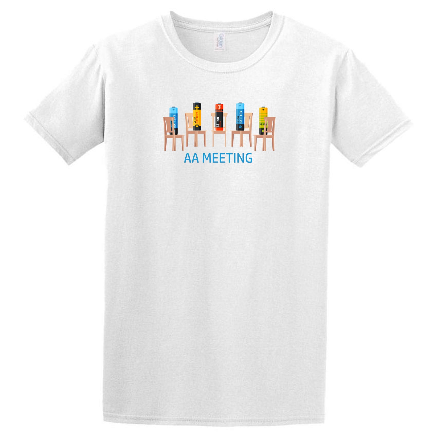 The AA Meeting T-Shirt by Twisted Gifts features quirky batteries on chairs in a circle above "AA MEETING"—a fun recovery shirt with personality for those who love unique, playful tees.
